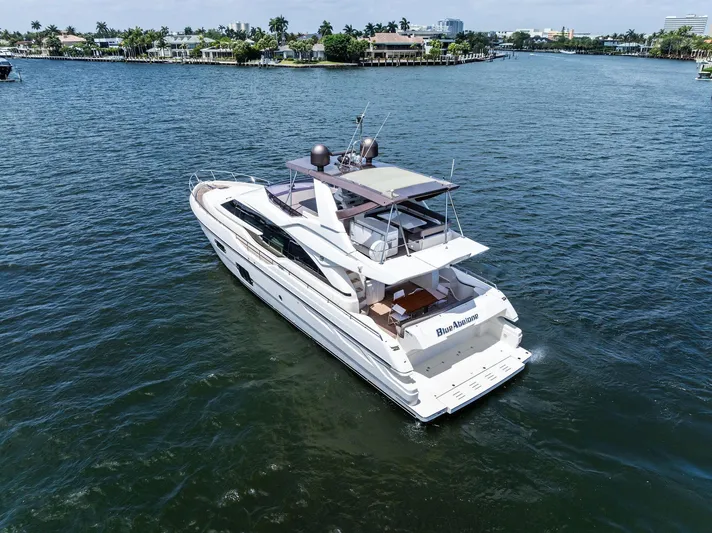 Blue Abalone Yacht Photos Pics 2015 Ferretti Yachts 690 cruising on a serene waterway, surrounded by lush greenery.