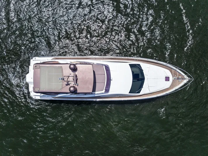 Blue Abalone Yacht Photos Pics Overhead view of 2015 Ferretti Yachts 690 cruising on water.