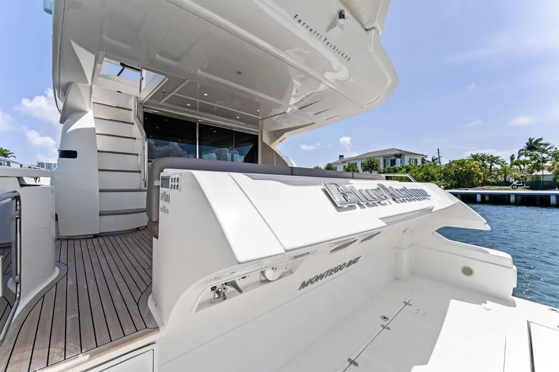 Blue Abalone Yacht Photos Pics 2015 Ferretti Yachts 690, luxury yacht docked by waterfront, showcasing sleek design and spacious deck.