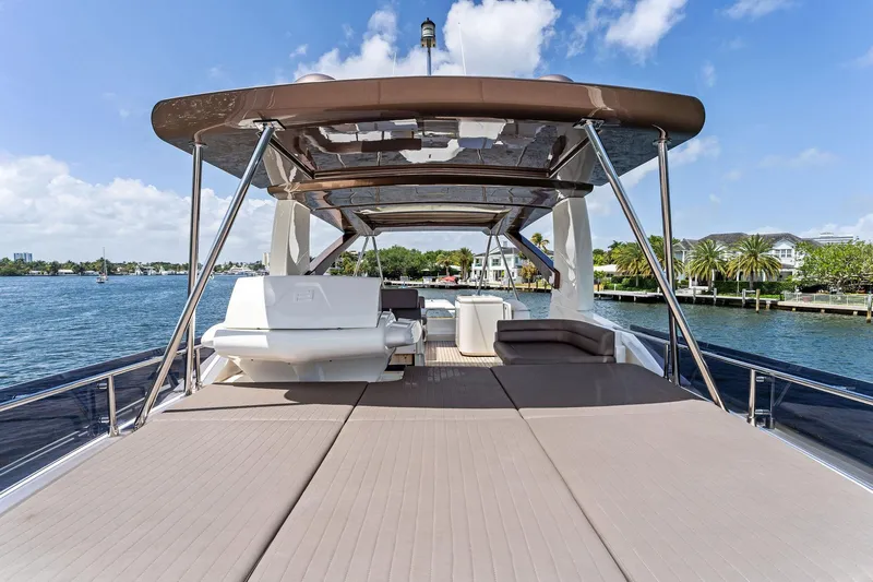 Blue Abalone Yacht Photos Pics Luxurious 2015 Ferretti Yachts 690 with spacious deck, scenic waterfront view.