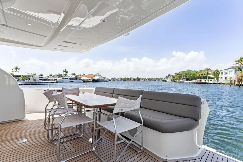 Blue Abalone Yacht Photos Pics Luxurious 2015 Ferretti Yachts 690 deck with seating, overlooking serene waterfront views.