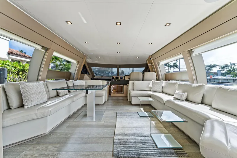 Blue Abalone Yacht Photos Pics Luxurious interior of 2015 Ferretti Yachts 690 with elegant seating and modern design.