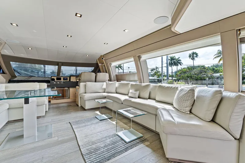 Blue Abalone Yacht Photos Pics Luxurious interior of 2015 Ferretti Yachts 690 with elegant seating and modern design.