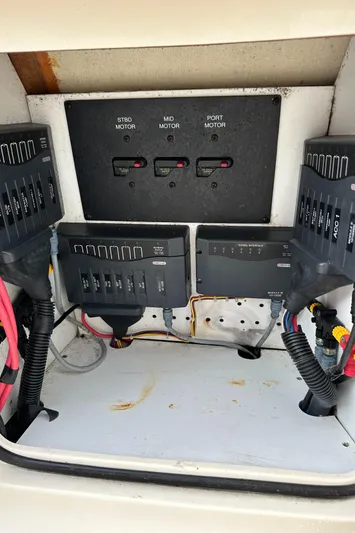  Yacht Photos Pics Control panel of a 2017 Scout 350 LXF boat with switches and wiring.