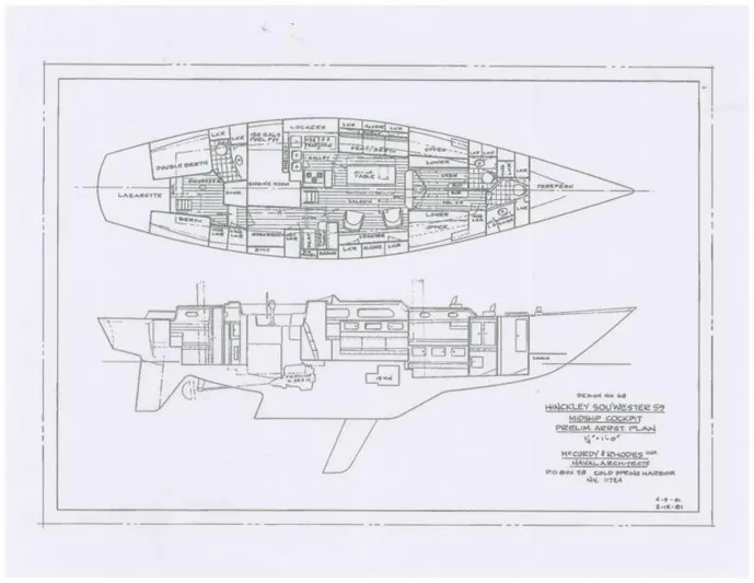 Wanderer Yacht Photos Pics Blueprint of 1982 Hinckley Sou'wester 59 sailboat, detailed interior and exterior layout.