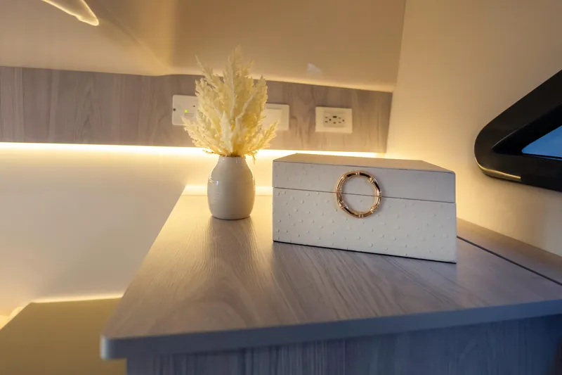  Yacht Photos Pics Luxurious interior of 2025 Hanover 387 with elegant decor and ambient lighting.