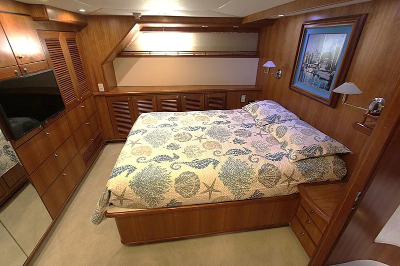 No Name Yacht Photos Pics Luxurious bedroom in a 2001 Symbol 62 Pilothouse yacht with elegant wood finishes.