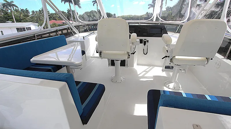 No Name Yacht Photos Pics Luxurious 2001 Symbol 62 Pilothouse interior with seating and helm, featuring blue and white accents.