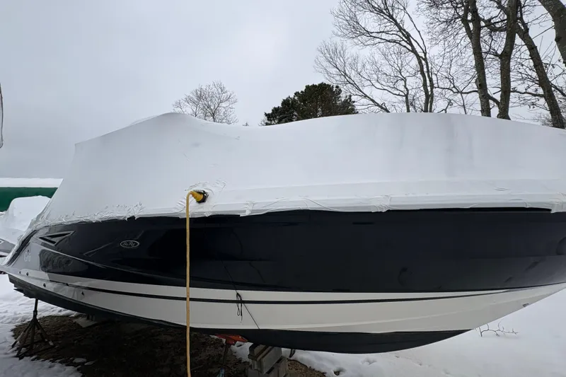 Gra Yacht Photos Pics 2018 Sea Ray SLX 310 boat covered in snow, winter storage.