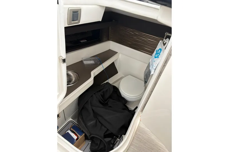 Gra Yacht Photos Pics Interior of 2018 Sea Ray SLX 310 boat featuring compact bathroom amenities.