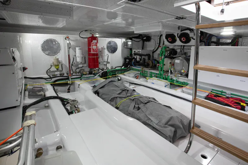 Mareluna Yacht Photos Pics Engine room of 2023 Vicem 55 yacht, featuring modern equipment and safety gear.