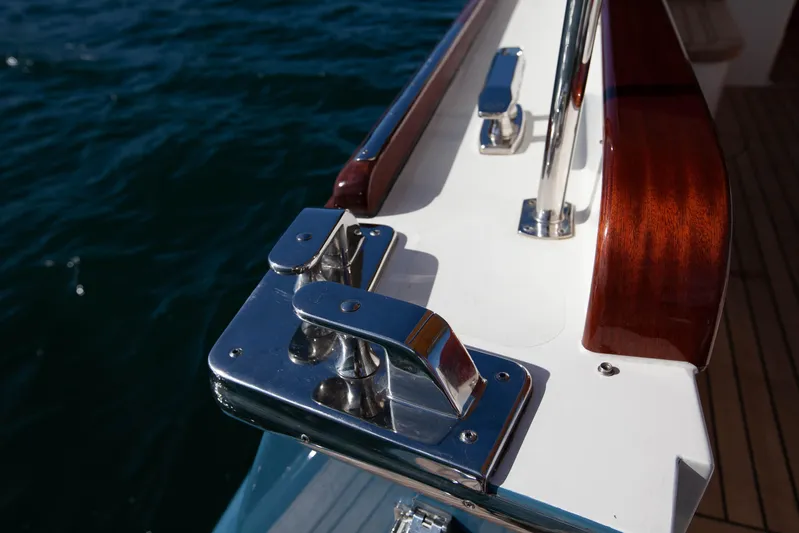 Mareluna Yacht Photos Pics Vicem 55 yacht deck detail with polished metal fittings, 2023 model.