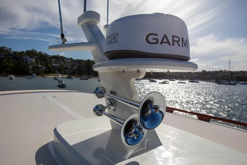 Mareluna Yacht Photos Pics Radar and horn system on 2023 Vicem 55 yacht, with scenic waterfront background.