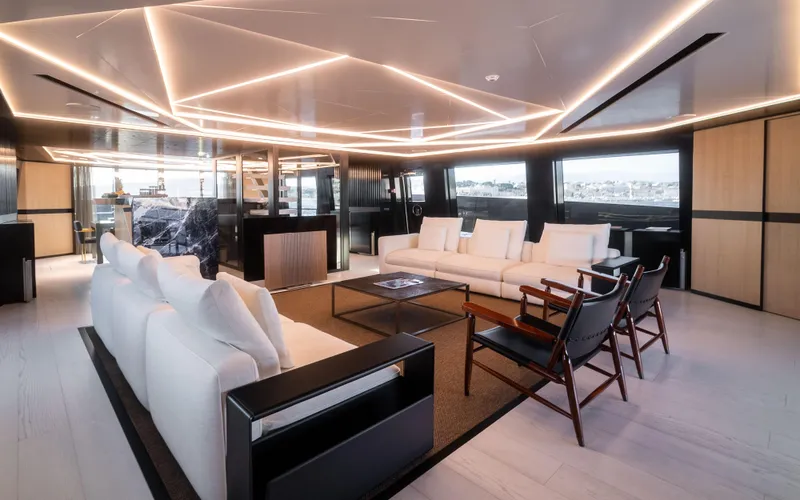 K+ Yacht Photos Pics Luxurious interior of 2023 Maori M 125 yacht with modern lighting and elegant seating.