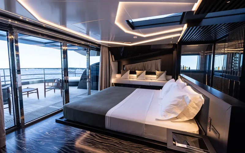 K+ Yacht Photos Pics Luxurious Maori M 125 yacht bedroom with ocean view, modern design, and elegant lighting, 2023 model.