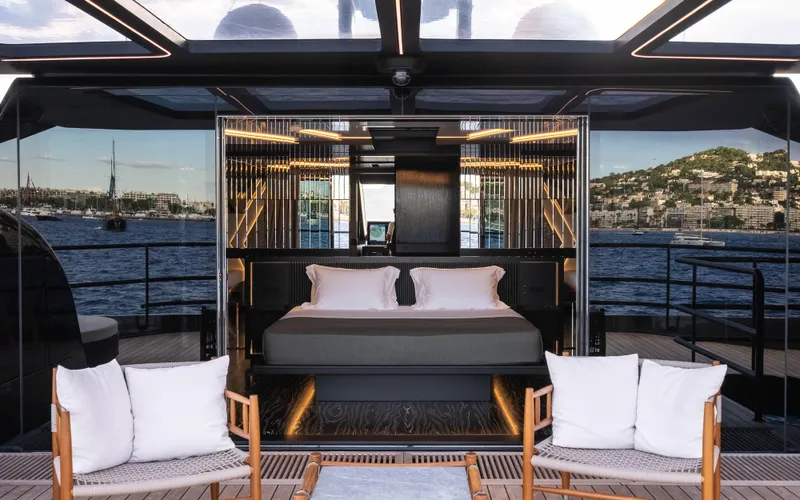 K+ Yacht Photos Pics Luxurious Maori M 125 yacht interior with scenic ocean view, 2023 model.