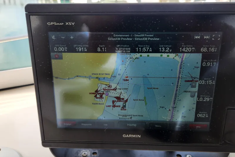 Tahawus Yacht Photos Pics Garmin GPS display on 2005 Endeavour 44 TrawlerCat, showing navigation map and data.