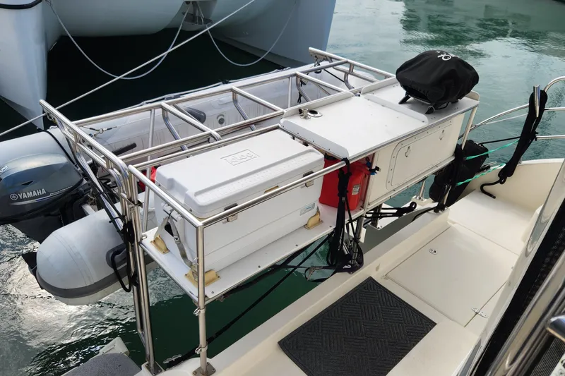 Tahawus Yacht Photos Pics 2005 Endeavour 44 TrawlerCat with Yamaha outboard motor and storage rack on deck.