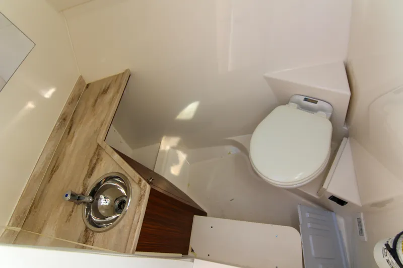 Endeavor Yacht Photos Pics 2023 Pursuit DC 295 Dual Console boat bathroom with sink and toilet.