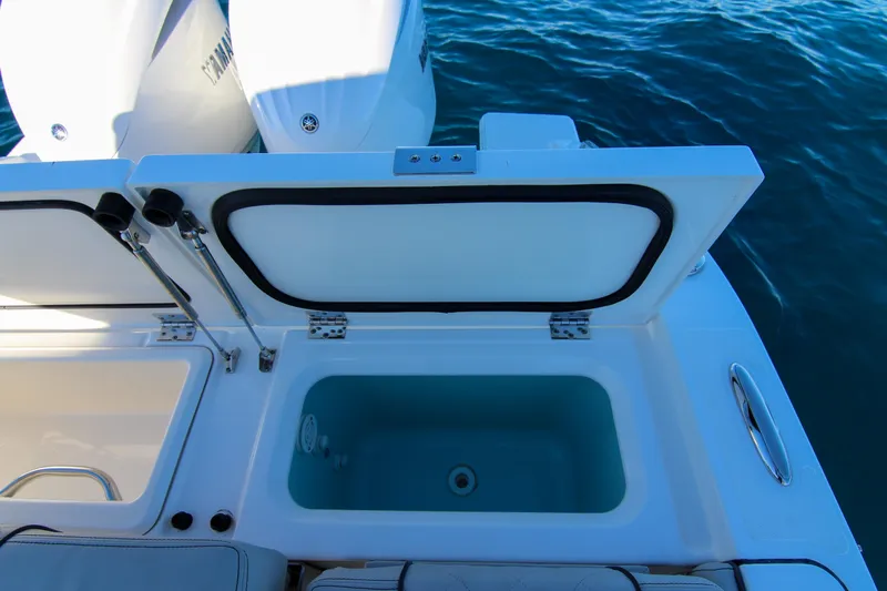Endeavor Yacht Photos Pics 2023 Pursuit DC 295 Dual Console boat with open storage compartment and Yamaha engines.