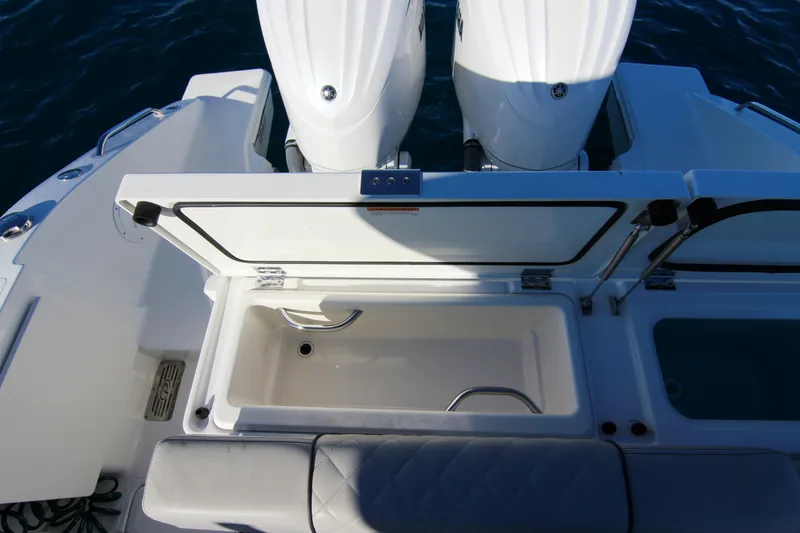 Endeavor Yacht Photos Pics 2023 Pursuit DC 295 Dual Console boat with open storage compartment and twin engines.