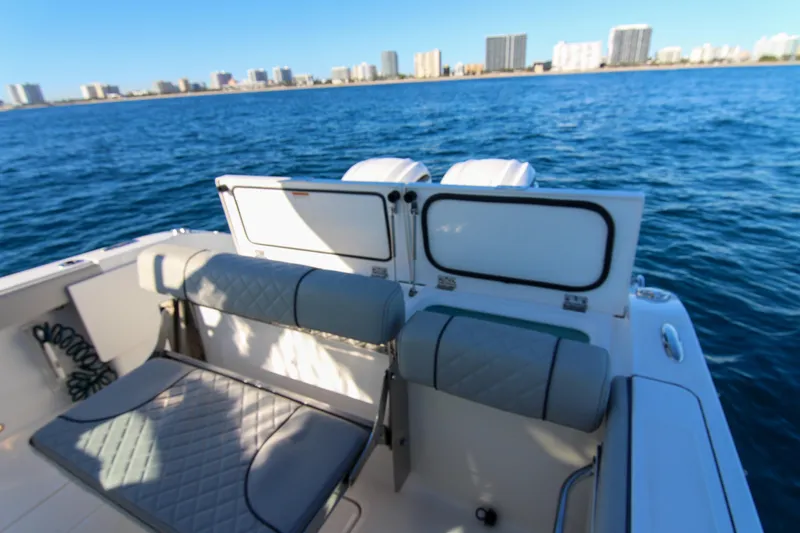 Endeavor Yacht Photos Pics 2023 Pursuit DC 295 Dual Console boat on water with city skyline.