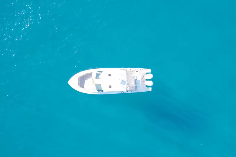 Endeavor Yacht Photos Pics Aerial view of 2023 Pursuit DC 295 Dual Console boat on clear blue water.