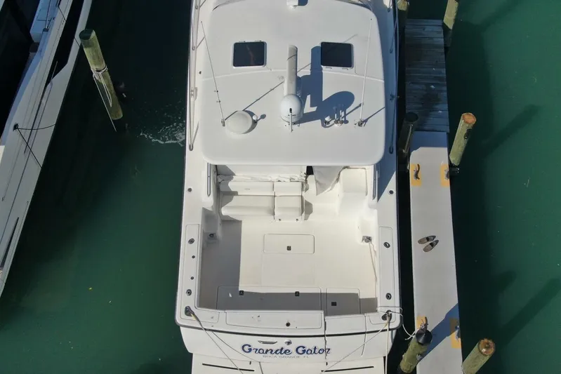 Grande Gator Yacht Photos Pics Aerial view of 2004 Tiara Yachts 4200 Open docked at marina.