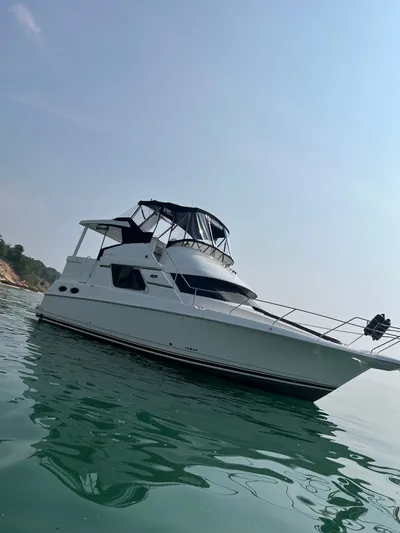 Precious Time Yacht Photos Pics 1998 Silverton 392 Motor Yacht on calm water under clear sky.