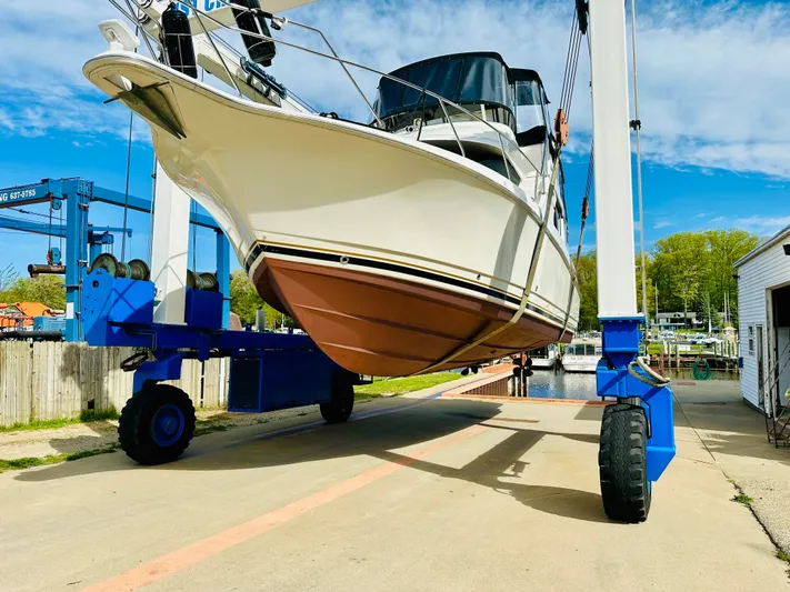 Precious Time Yacht Photos Pics 1998 Silverton 392 Motor Yacht lifted on a blue boat hoist at a marina.