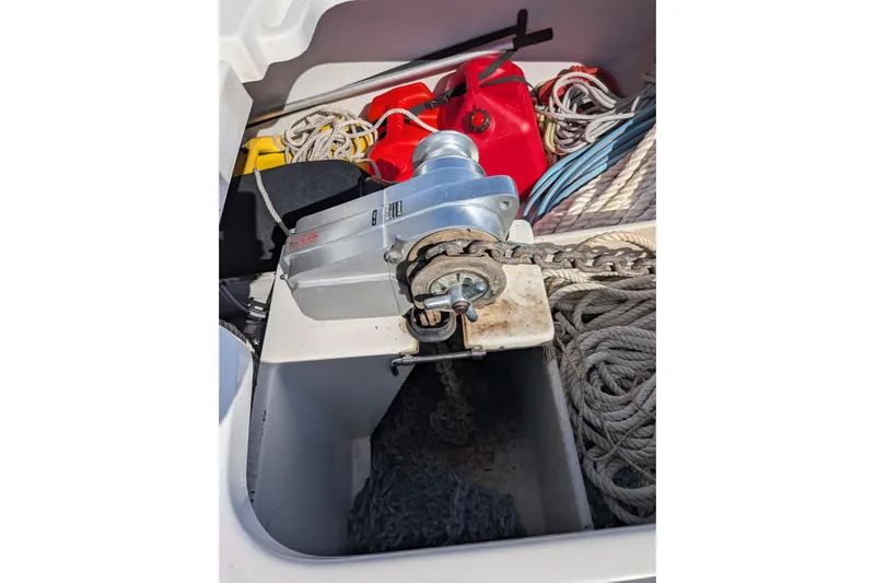 Imany Yacht Photos Pics Anchor winch and ropes on 2012 Fountaine Pajot Lipari catamaran deck.