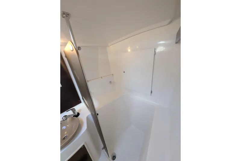 Imany Yacht Photos Pics 2012 Fountaine Pajot Lipari yacht bathroom with sink and shower area.