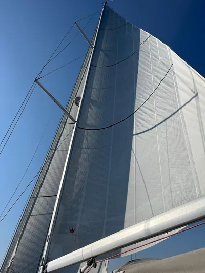  Yacht Photos Pics Sail of a 2013 Beneteau Sense 55 yacht against a clear blue sky.