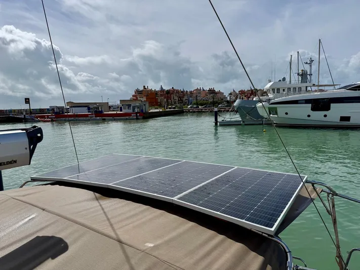  Yacht Photos Pics Beneteau Sense 55 yacht with solar panels docked in a marina, 2013 model.