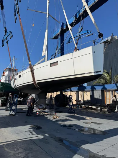  Yacht Photos Pics 2013 Beneteau Sense 55 sailboat in dry dock for maintenance.