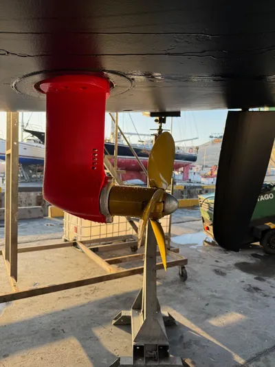  Yacht Photos Pics Propeller and rudder of a 2013 Beneteau Sense 55 yacht in a shipyard.