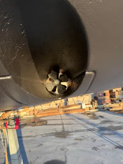  Yacht Photos Pics Bow thruster of a 2013 Beneteau Sense 55 yacht in dry dock.