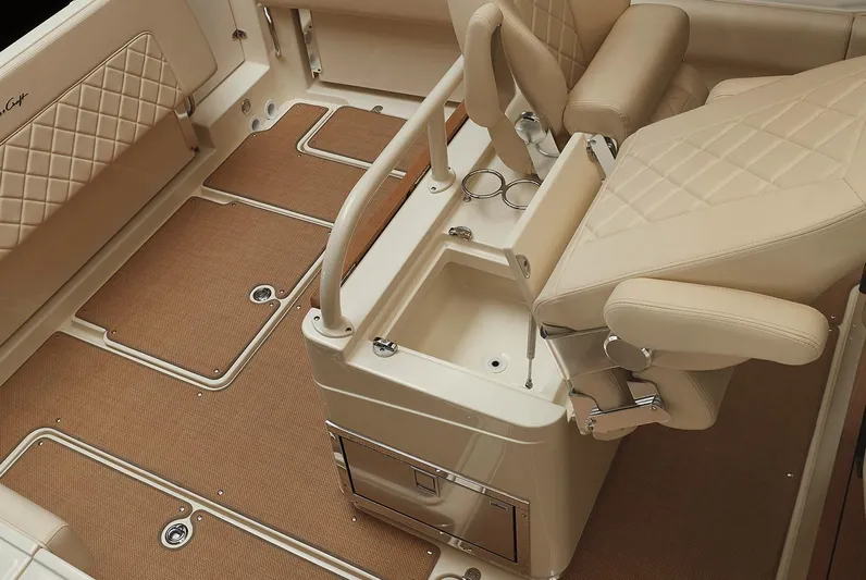  Yacht Photos Pics Manufacturer Provided Image: 2020 Chris-Craft Catalina 30 interior with beige seating and tan flooring.