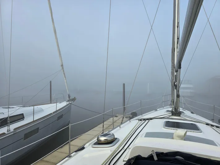 Scuba Duo Yacht Photos Pics Foggy marina view from a 2004 Hunter 41 AC sailboat deck.