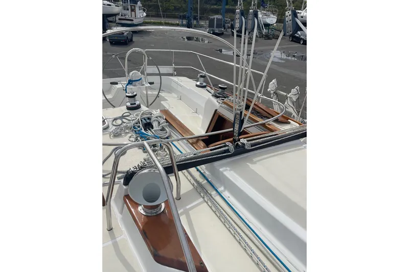Spray Yacht Photos Pics Deck view of a 2002 Tartan 37 sailboat with rigging and winches.