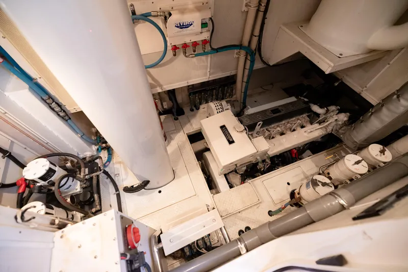  Yacht Photos Pics Engine room of 2009 Nordhavn 56 Motorsailer, showcasing mechanical components and systems.