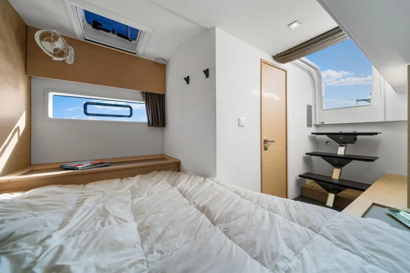 Halcyon Yacht Photos Pics 2024 Fountaine Pajot Aura 51 Catamaran interior cabin with modern design and natural light.