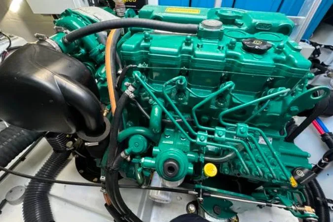 Halcyon Yacht Photos Pics Engine of 2024 Fountaine Pajot Aura 51 Catamaran, showcasing intricate mechanical components.