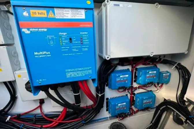 Halcyon Yacht Photos Pics Electrical system of 2024 Fountaine Pajot Aura 51 Catamaran with Victron Energy components.