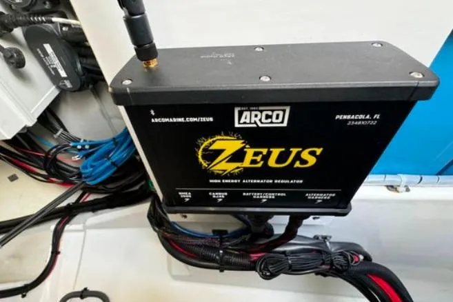 Halcyon Yacht Photos Pics High-energy alternator regulator in 2024 Fountaine Pajot Aura 51 Catamaran engine room.