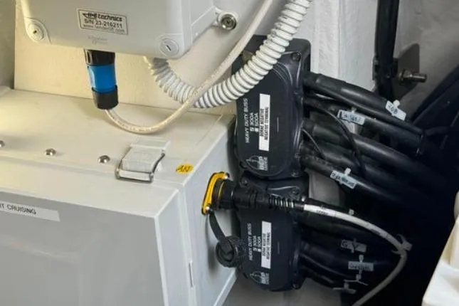 Halcyon Yacht Photos Pics Electrical components inside a 2024 Fountaine Pajot Aura 51 Catamaran.