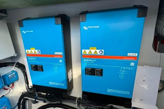 Halcyon Yacht Photos Pics Electrical system of 2024 Fountaine Pajot Aura 51 Catamaran with Victron Energy inverters.