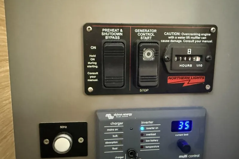 Halcyon Yacht Photos Pics Control panel of 2024 Fountaine Pajot Aura 51 Catamaran with generator and inverter settings.