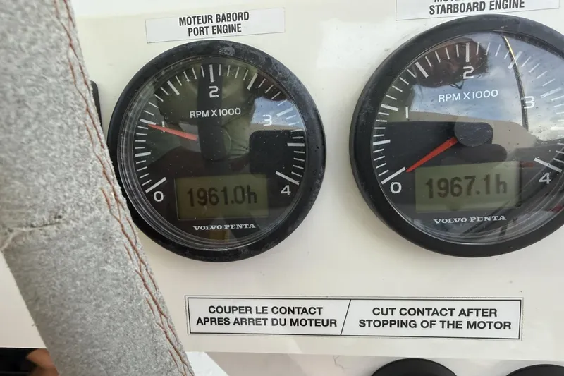 Halcyon Yacht Photos Pics Close-up of engine hour meters on 2024 Fountaine Pajot Aura 51 Catamaran.