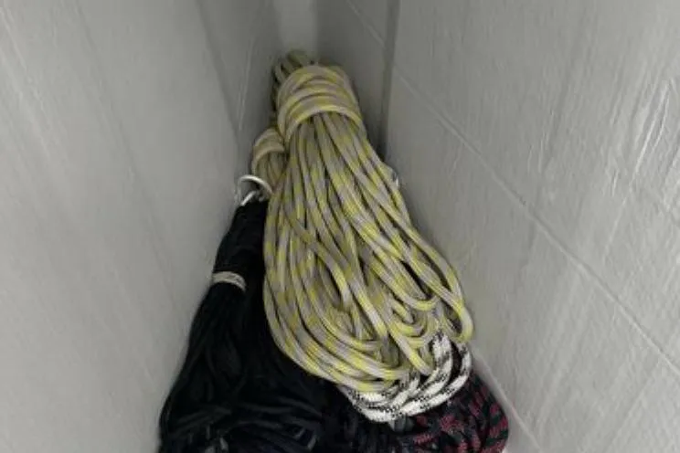 Halcyon Yacht Photos Pics Coiled ropes in storage on 2024 Fountaine Pajot Aura 51 Catamaran.